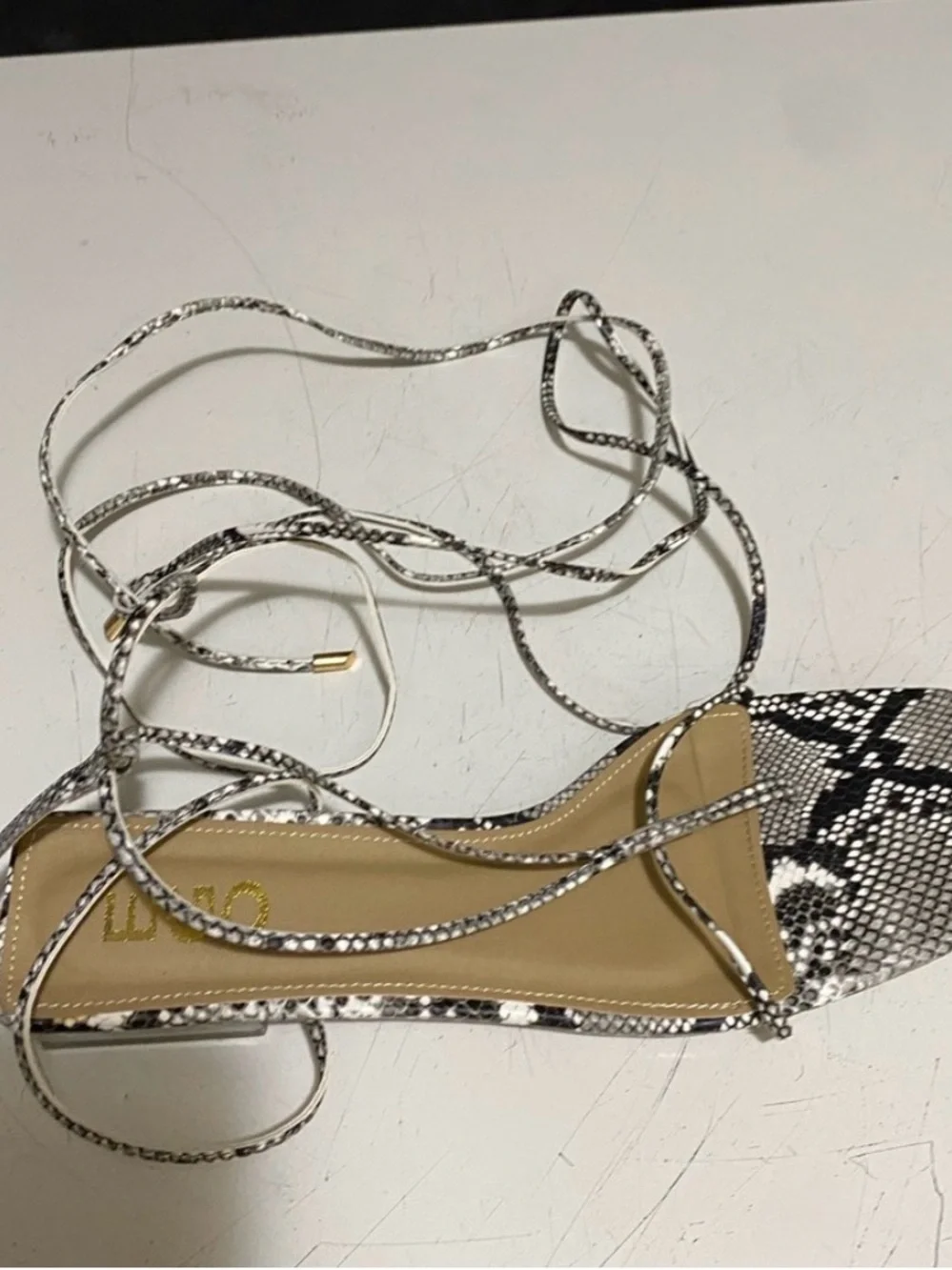 Snake-Print Lace-Up Sandal in Black & White